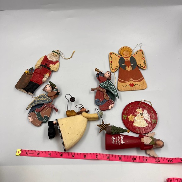 Vintage Lot 7 Christmas Decor Tree Ornaments Wooden Resin Angels Primitive - Picture 4 of 9